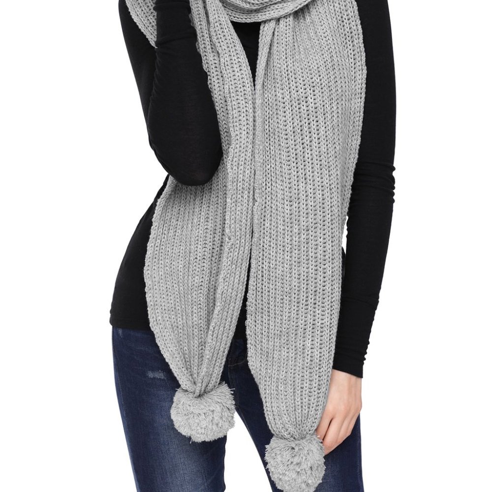 New Gray Pom Pom Ribbed Knit Scarf - Picture 5 of 6
